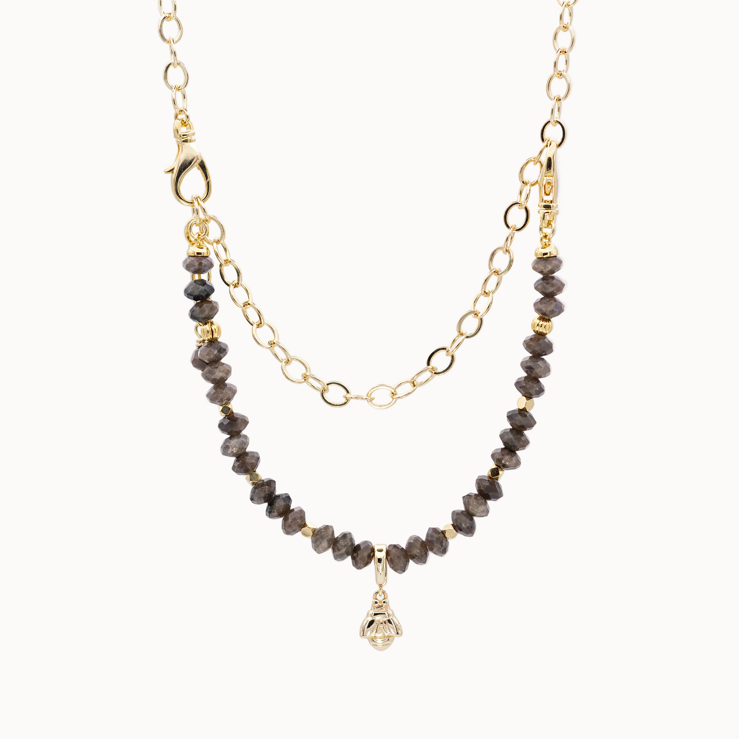 Basiskette mit Steinperlenerweiterung und Charm Biene goldfarben – modulares Schmucksystem MAVEMO Elements